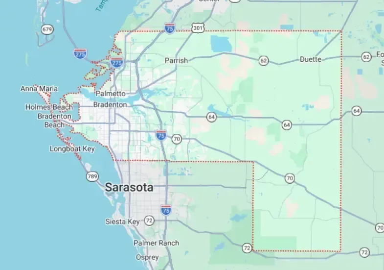 Paver service area map of Manatee County, Florida with the county boundary and major roads