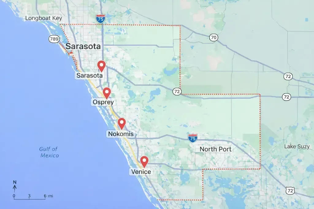 Paver service area map of Sarasota County, Florida marking Sarasota, Osprey, Nokomis, Venice, and North Port