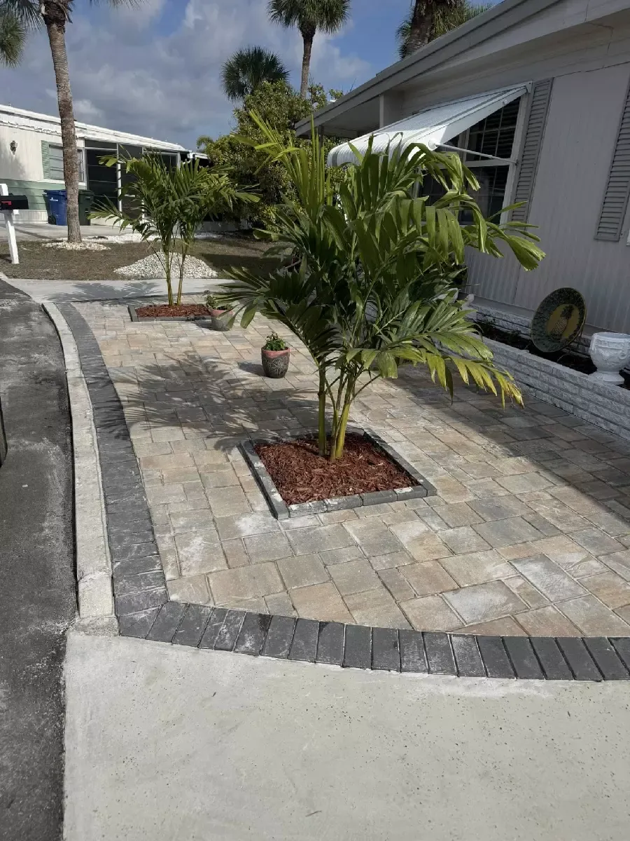 Light concrete paver patio with a curved dark border and palm trees in a Venice, Florida front yard